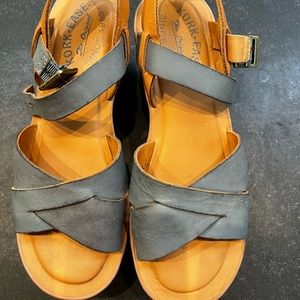 Original Kork-ease blue and tan wedges with sling back heel strap
